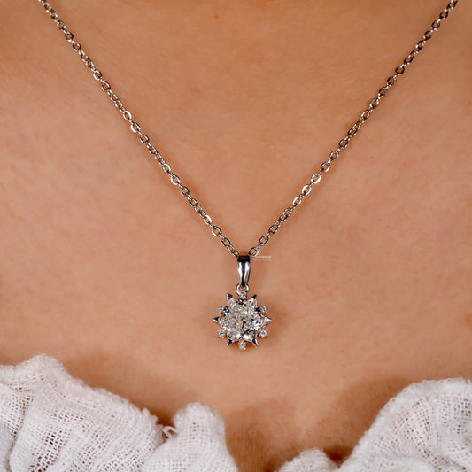 Star Shape Lab Diamond Pendant, Antique Cut Gold Cluster Necklace for Women