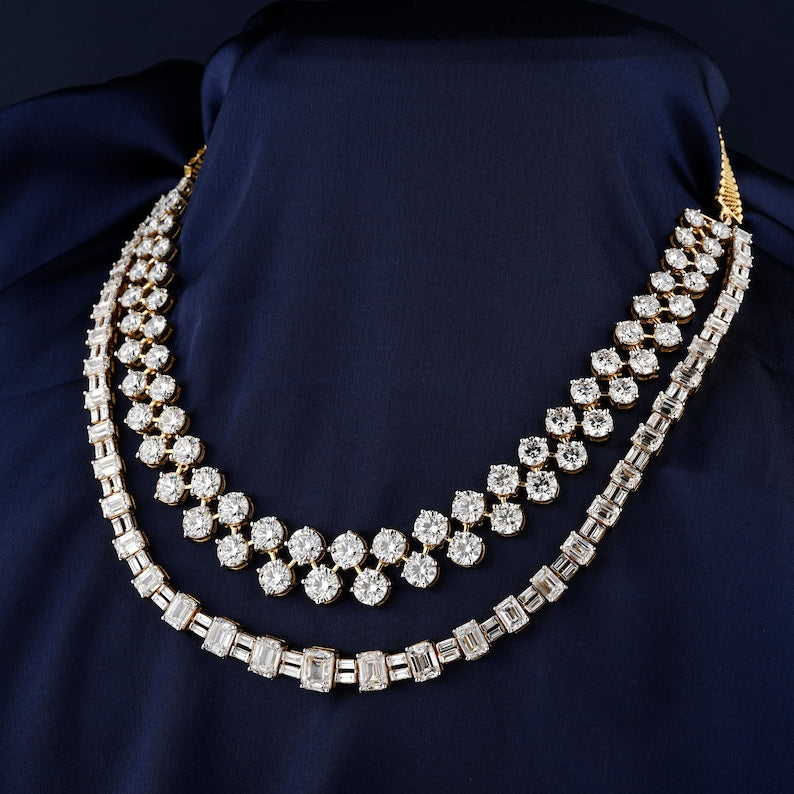 Bridal Diamond Necklace/ Round-Emerald Lab Grown Diamond Necklace/ Wedding Diamond Necklace For Bride/ 14K White Gold Diamond Necklace