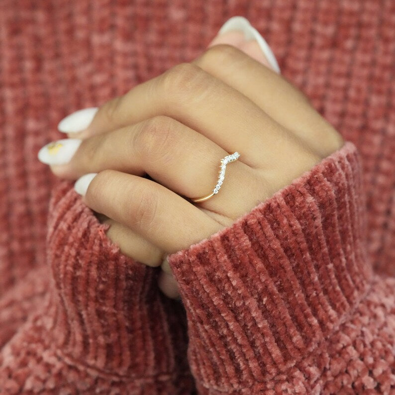 Lab Diamond Chevron Ring 14K Gold Curved Wedding Band