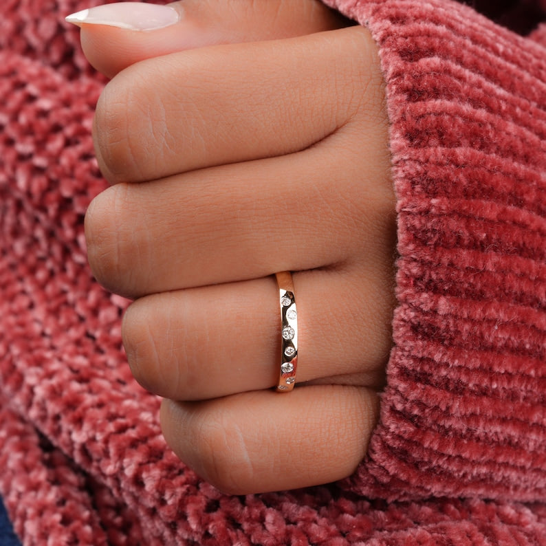 14K Gold Flush Set Round Lab Diamond Stacking Ring