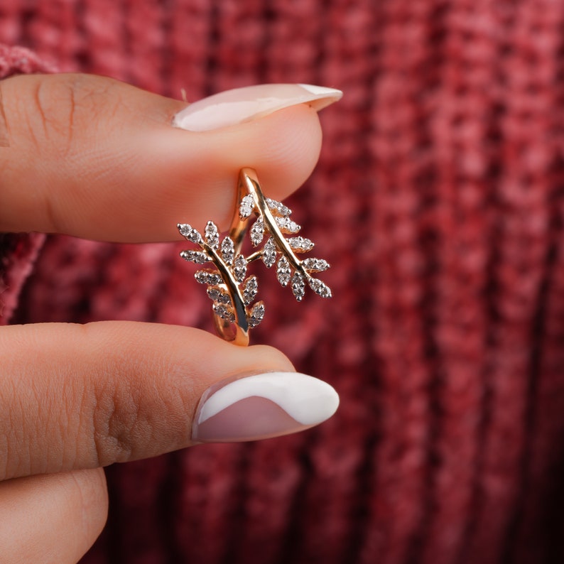 Nature Inspired Vine Ring for Women, Lab Diamond Leaf Ring