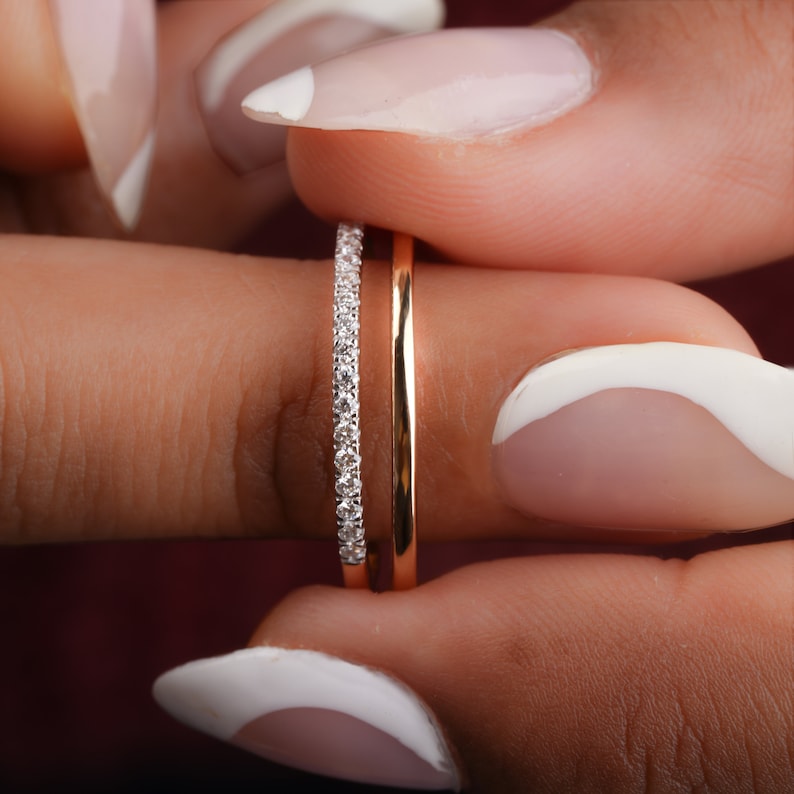 14K Gold Minimalist Lab Grown Diamond Wedding & Eternity Band Set