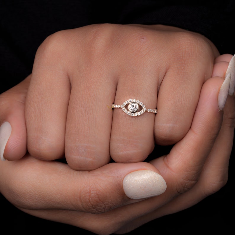 Evil Eye Lab Diamond Ring 14K Gold Dainty Protection Ring