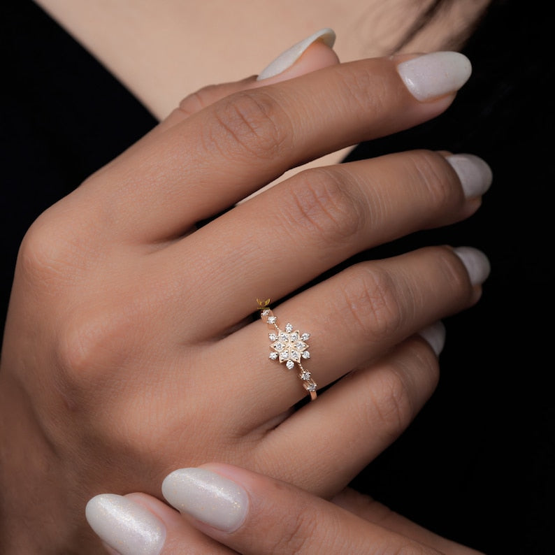 Lab Diamond Snowflake Ring 14K Gold, Minimal Cluster Ring