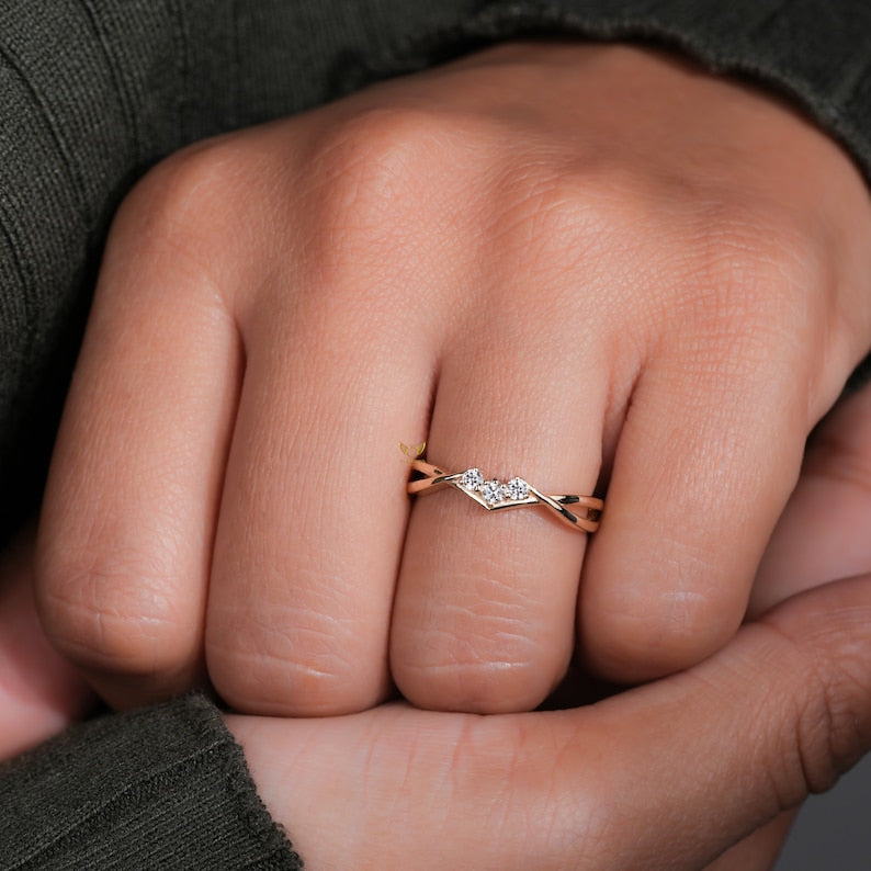 Minimal Twisted Lab Diamond Band Three Stone Engagement Ring