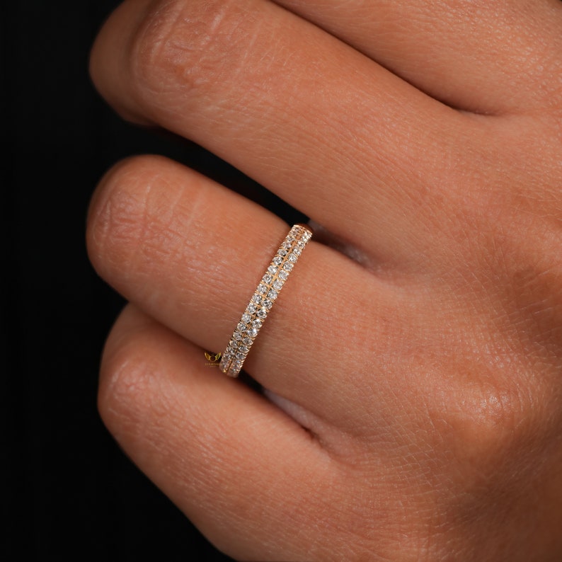 Lab Diamond Pave Wedding Band 14K Gold, Two Row Dome Ring