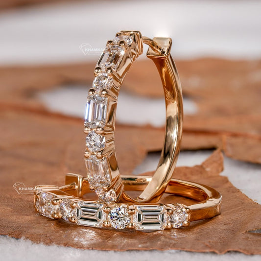 Emerald & Round Lab Diamond Huggie Hoop Earrings