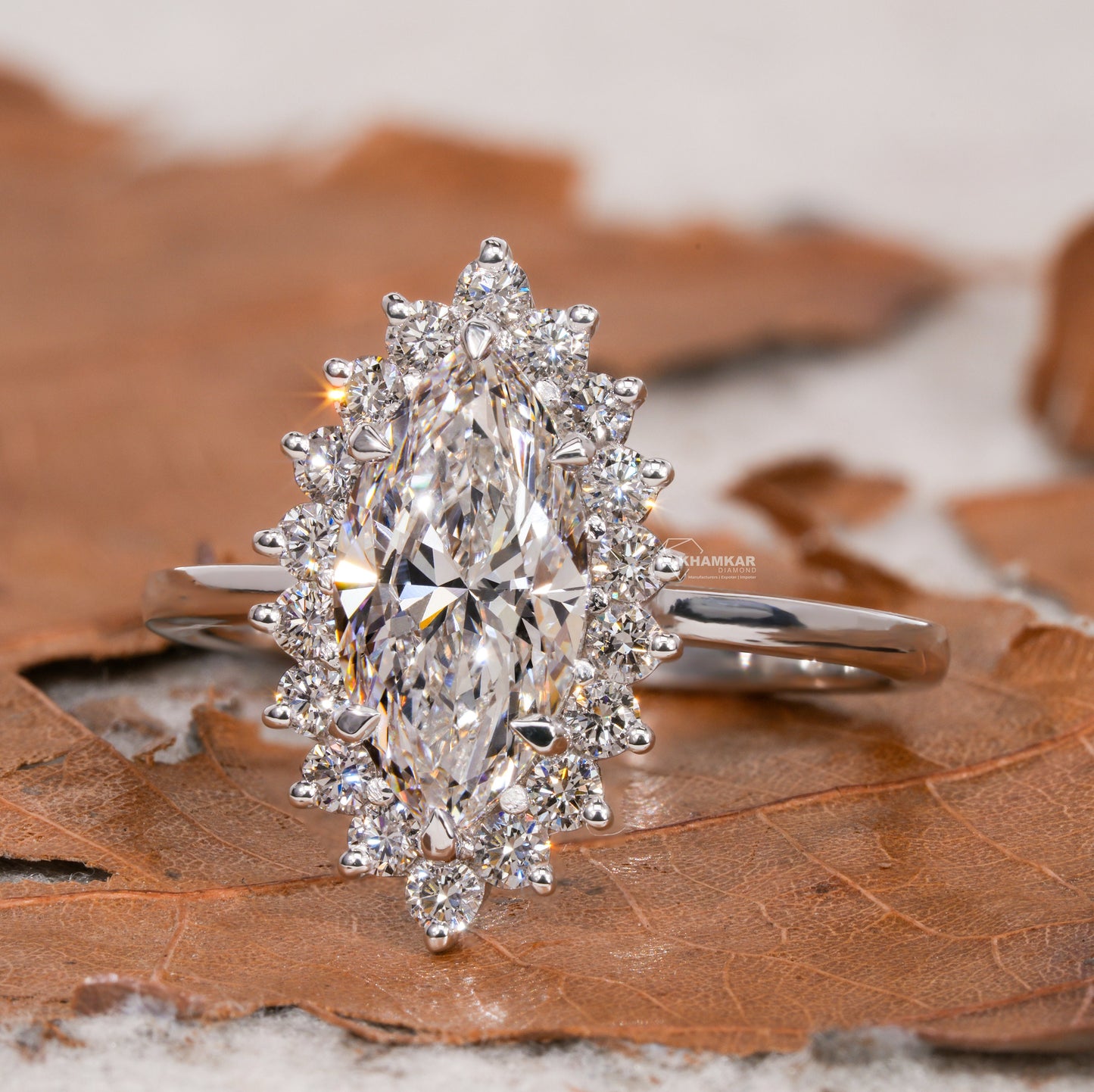 Marquise Lab Diamond Ring Cluster Halo Cathedral Setting