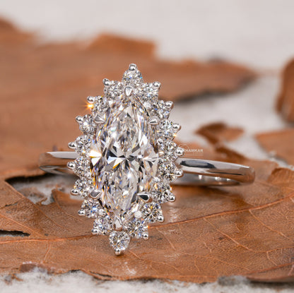 Marquise Lab Diamond Ring Cluster Halo Cathedral Setting