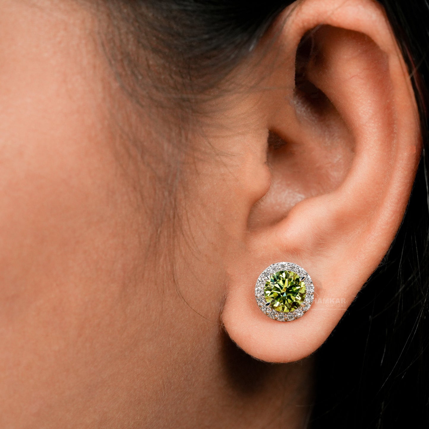 Round Green Colored Lab Grown Diamond Stud Earrings,Round Diamond Screw Back Earrings,Halo Diamond Stud Gift Earrings,Wedding gift for Bride