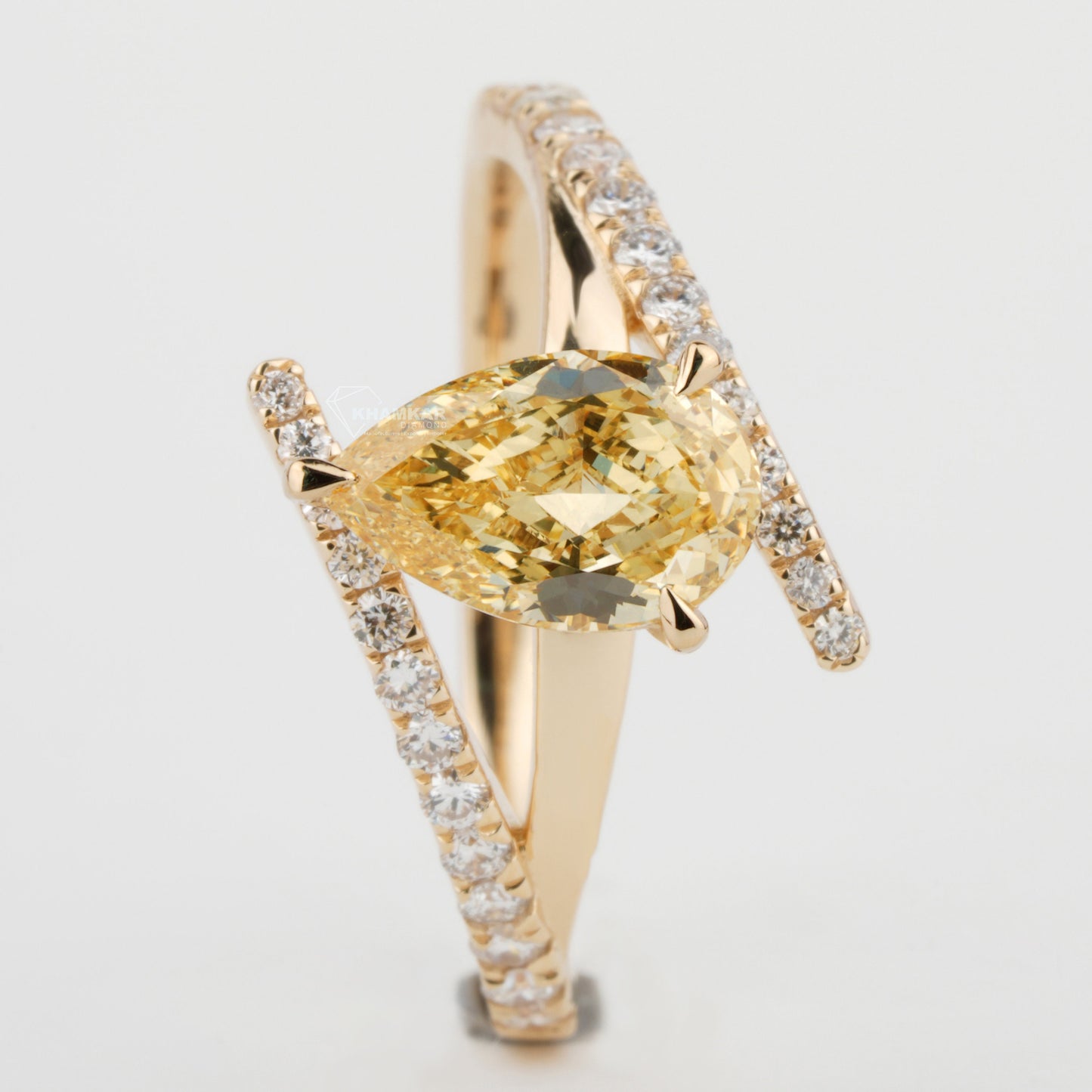 IGI Certified Yellow Pear Cut Lab Diamond Ring Bypass Wedding Ring