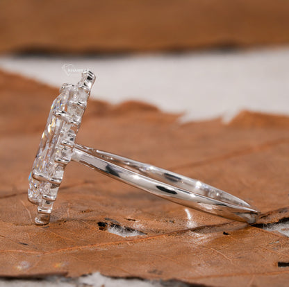 Marquise Lab Diamond Ring Cluster Halo Cathedral Setting