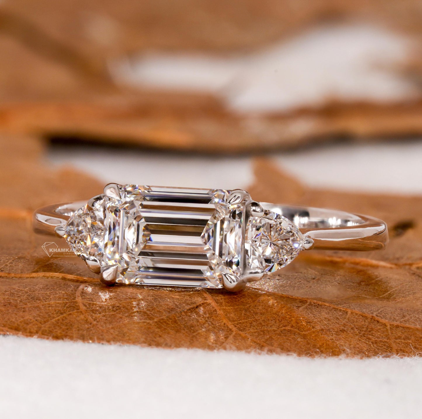 Trillion & Emerald East West Engagement Ring,Three Stone Lab grown Diamond Ring