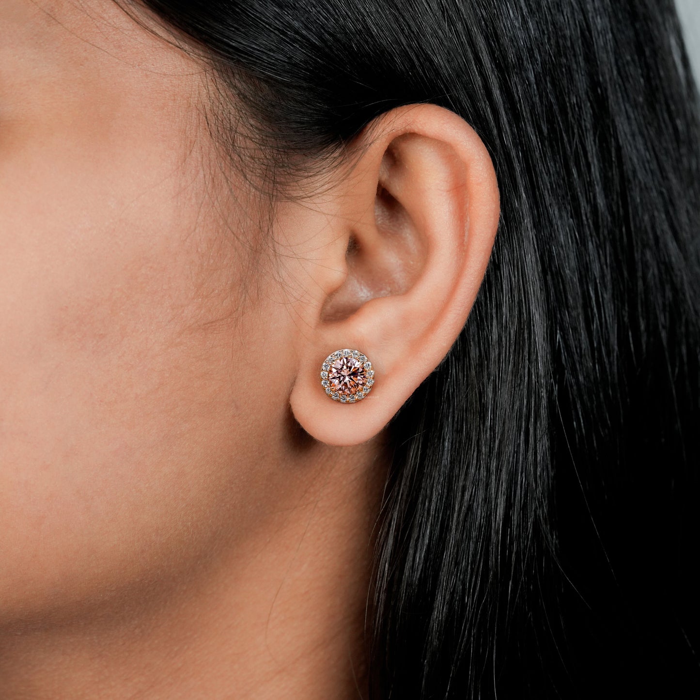 Pink Round Cut Lab Grown Diamond Stud Earrings,14K Rose Gold Hand Made Diamond Women's Earrings,2.00Ct Round Cut Diamond Halo Studs For Her