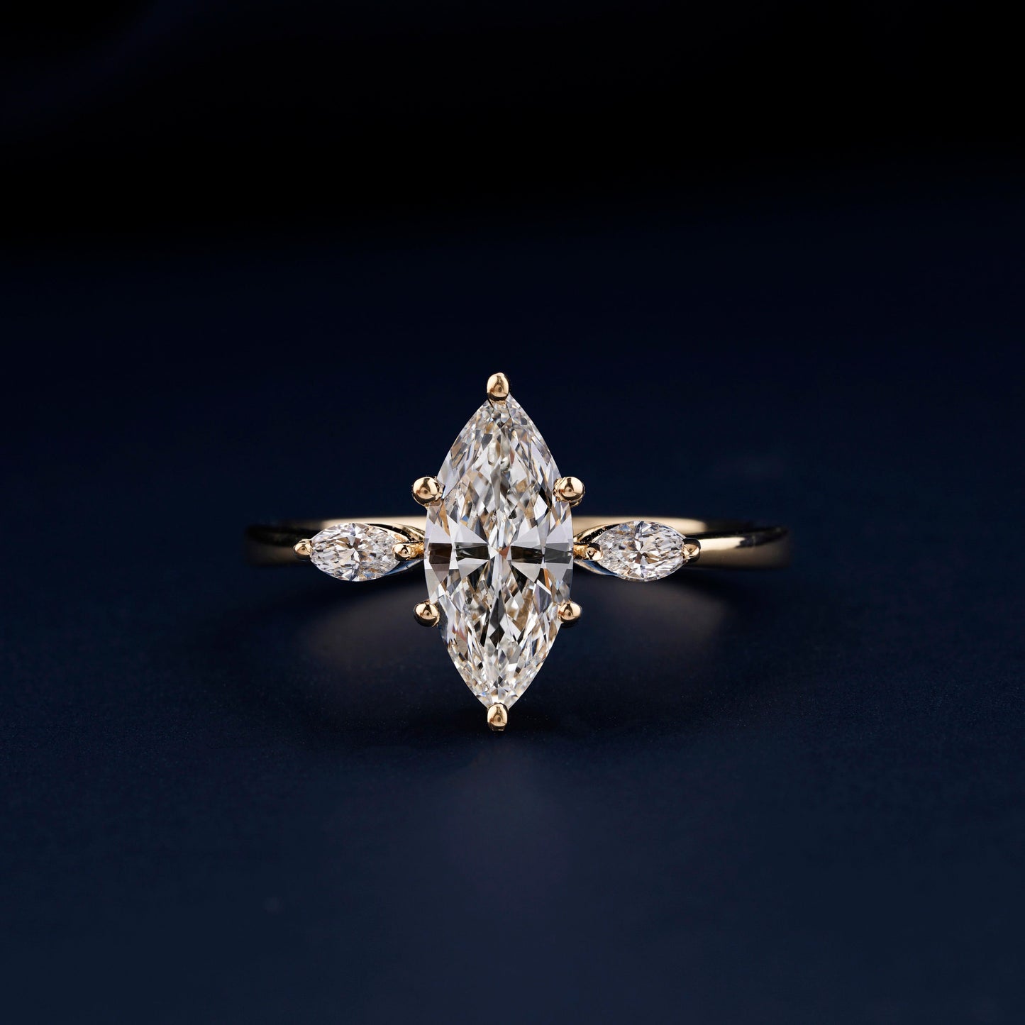 Marquise Cut Lab Grown Diamond Three Stone Engagement Ring in 14K Gold
