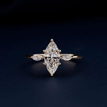 Marquise Cut Lab Grown Diamond Three Stone Engagement Ring in 14K Gold