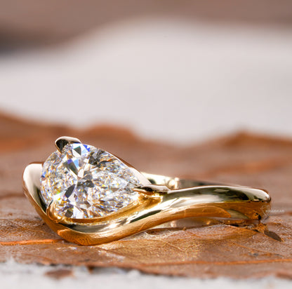 1CT Pear Lab Diamond Ring | Curved Solitaire Engagement Ring For Her