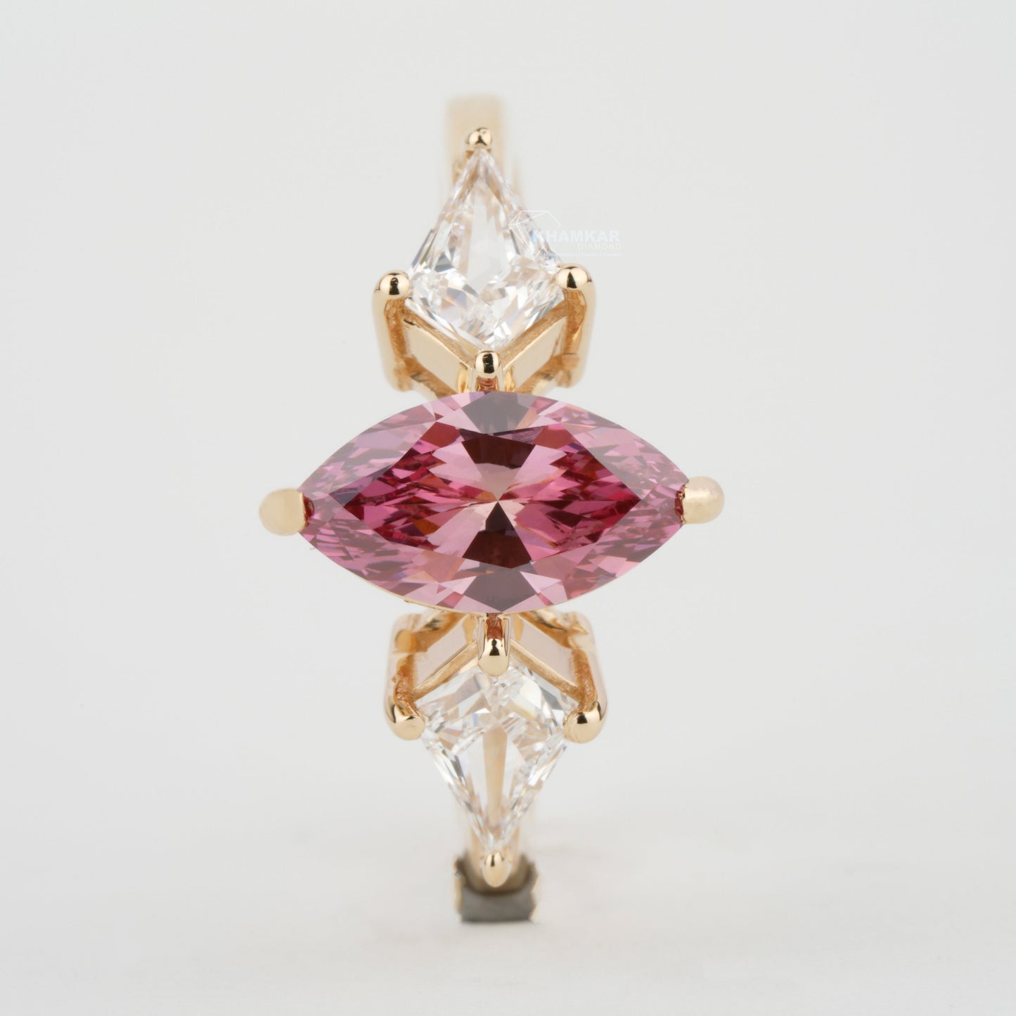 Pink Marquise Cut Lab Grown Diamond Three Stone Engagement Ring