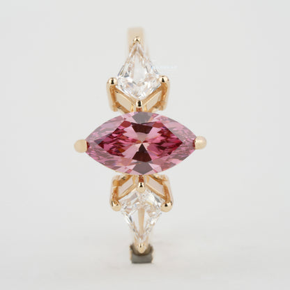 Pink Marquise Cut Lab Grown Diamond Three Stone Engagement Ring
