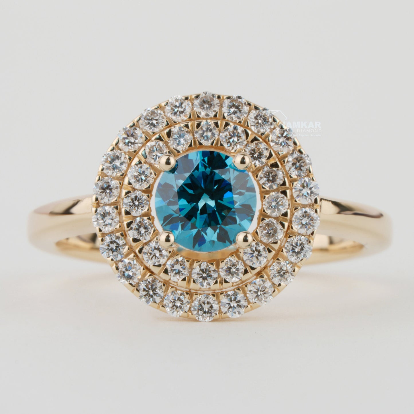Blue Round Lab Grown Diamond Ring | Double Halo Engagement Ring