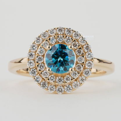 Blue Round Lab Grown Diamond Ring | Double Halo Engagement Ring