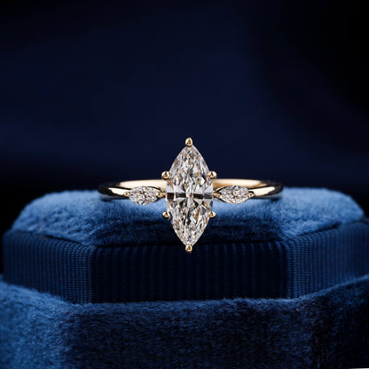 Marquise Cut Lab Grown Diamond Three Stone Engagement Ring in 14K Gold