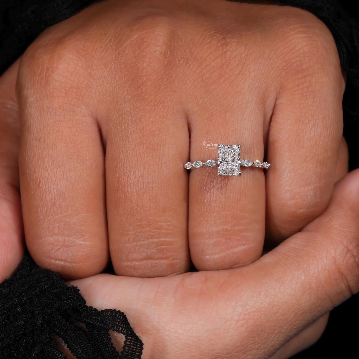 1CT Radiant Cut Lab Grown Diamond Engagement Ring with Hidden Halo