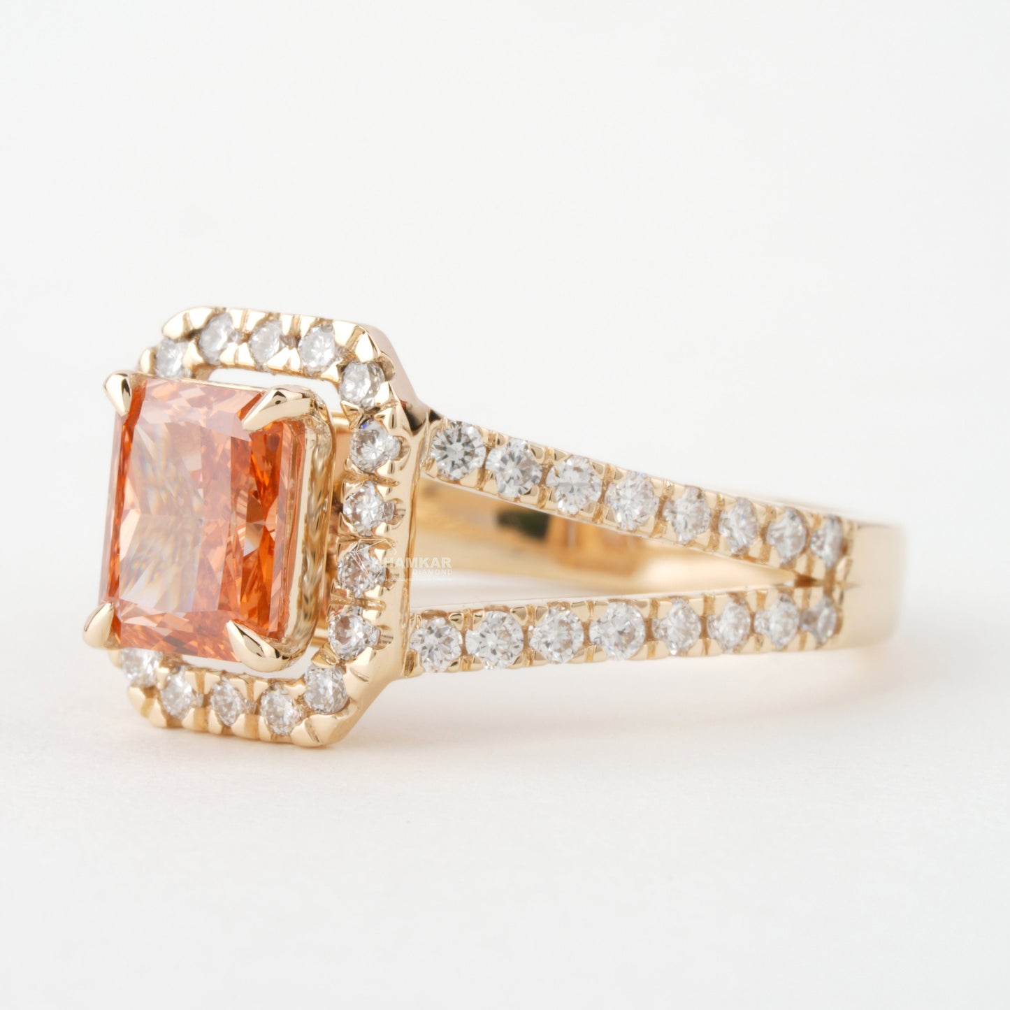 1 CT Orange Radiant Cut Lab Diamond Split Shank Engagement Ring