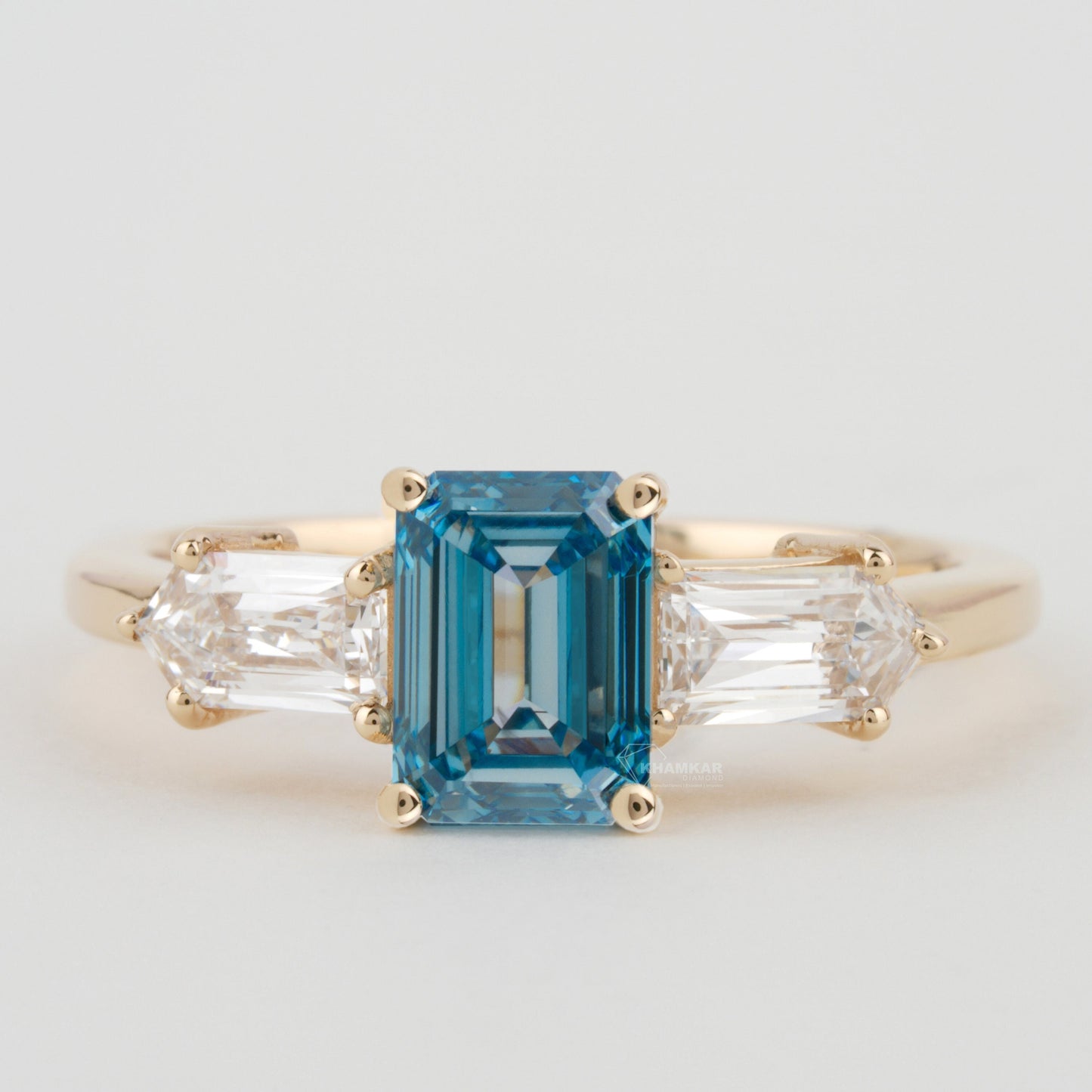 Blue Emerald Cut Lab Diamond Three Stone Engagement Ring