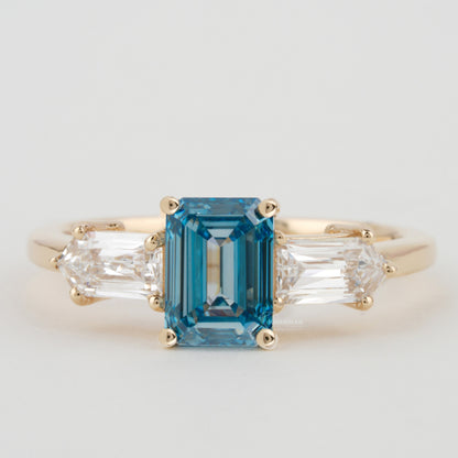 Blue Emerald Cut Lab Diamond Three Stone Engagement Ring