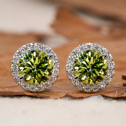 Round Green Colored Lab Grown Diamond Stud Earrings,Round Diamond Screw Back Earrings,Halo Diamond Stud Gift Earrings,Wedding gift for Bride