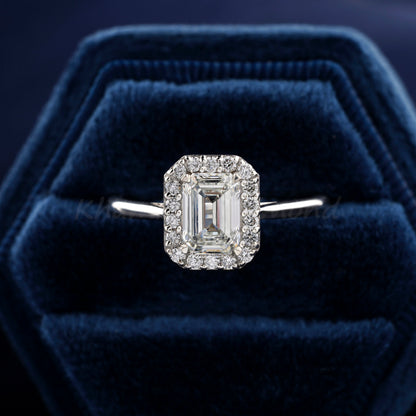 1 CT Emerald Cut Lab Grown Diamond Halo Engagement Ring in 14K Solid Gold