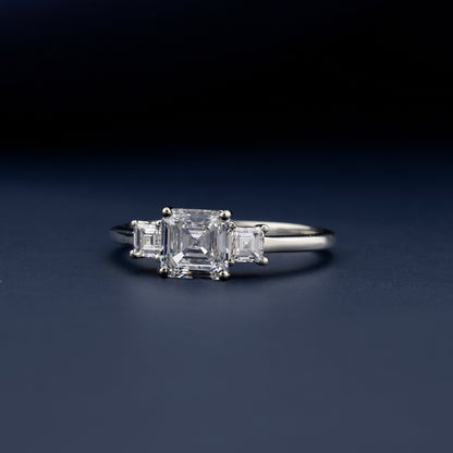 1CT Asscher Cut Lab Grown Diamond Three Stone Engagement Ring