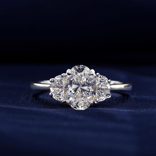 1.30CT Oval Lab Diamond Three Stone Ring, Half Moon Engagement Ring