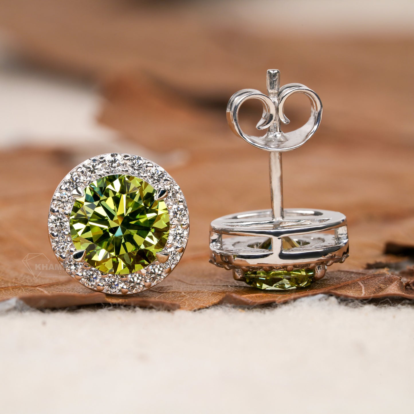 Round Green Colored Lab Grown Diamond Stud Earrings,Round Diamond Screw Back Earrings,Halo Diamond Stud Gift Earrings,Wedding gift for Bride