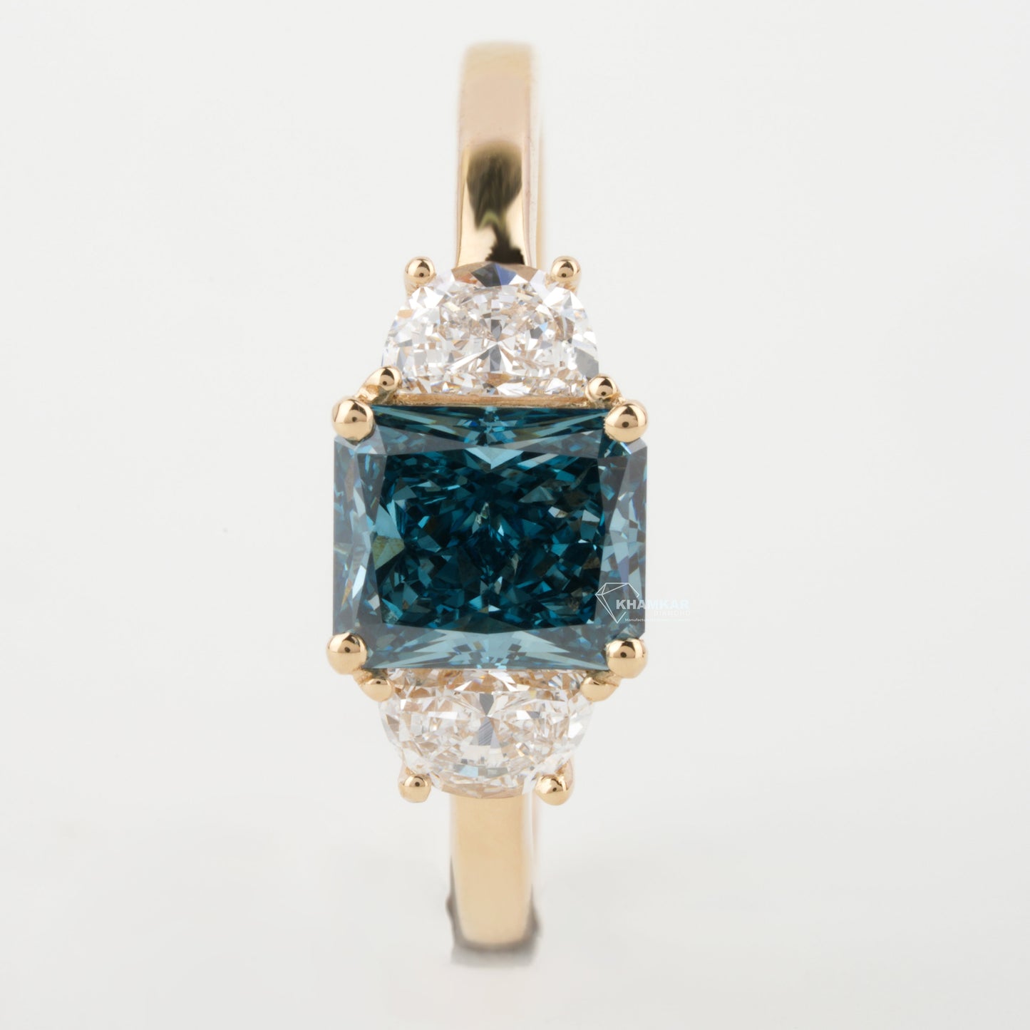 1.40 TCW  Saquare Radiant Cut Blue Diamond Engagement Ring,Lab Diamond Wedding Ring,Side Half Moon Diamonds,Three Stone Ring,Gift For Wife