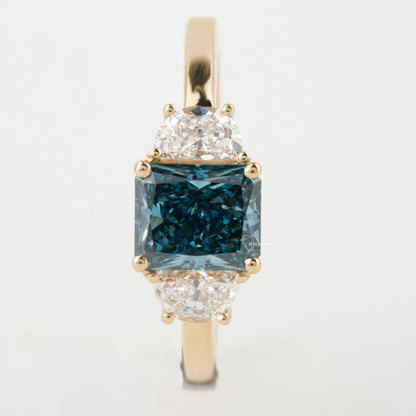 1.40 TCW  Saquare Radiant Cut Blue Diamond Engagement Ring,Lab Diamond Wedding Ring,Side Half Moon Diamonds,Three Stone Ring,Gift For Wife