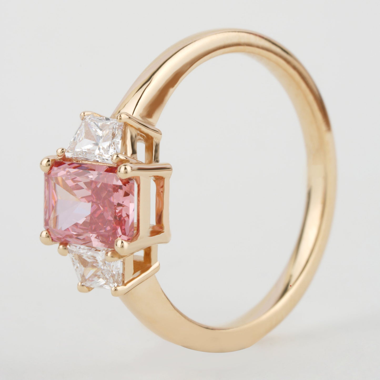1 Ct Pink Radiant Cut Lab Grown Diamond Three Stone Engagement Ring for Her