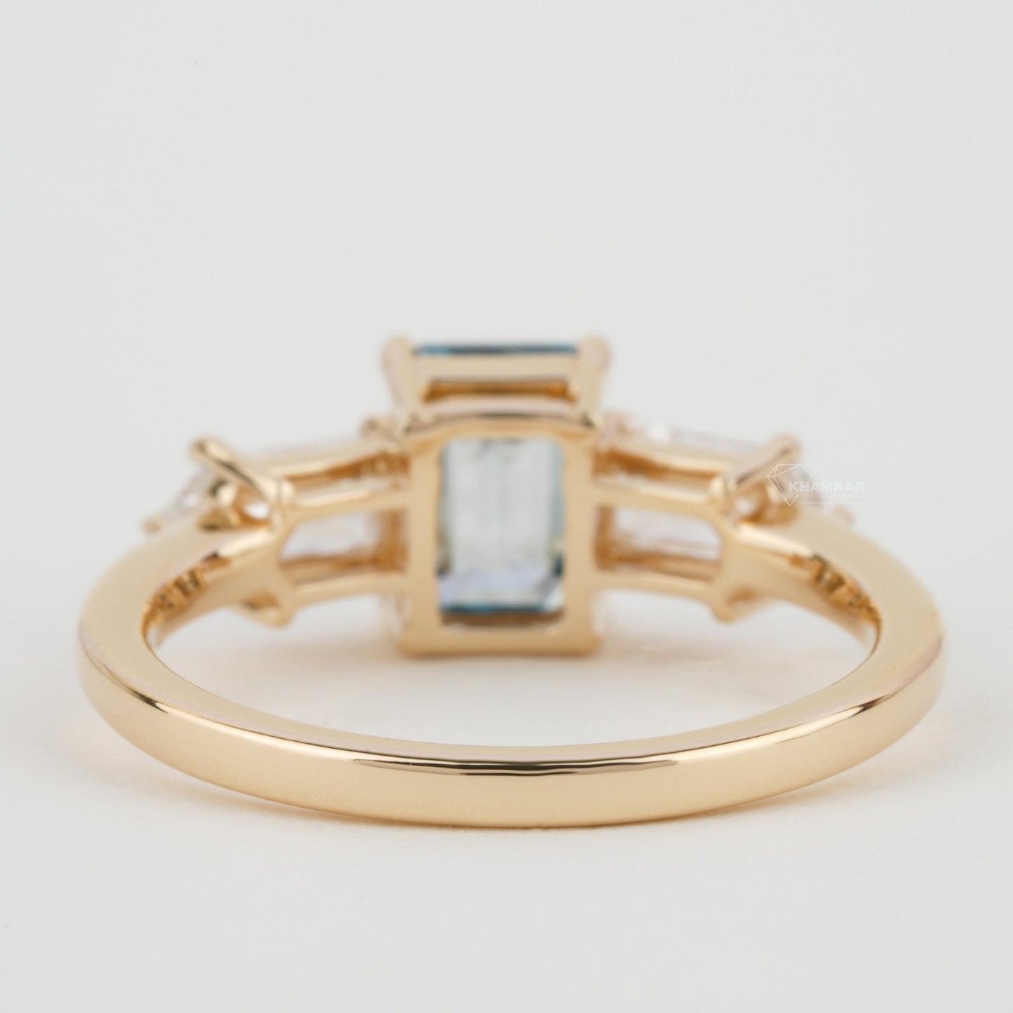 Blue Emerald Cut Lab Diamond Three Stone Engagement Ring