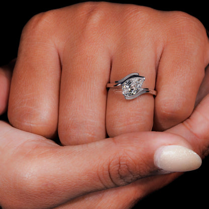 IGI Certified Pear Cut Lab Grown Diamond Half Bezel Engagement Ring