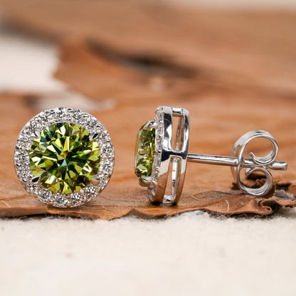 Round Green Colored Lab Grown Diamond Stud Earrings,Round Diamond Screw Back Earrings,Halo Diamond Stud Gift Earrings,Wedding gift for Bride