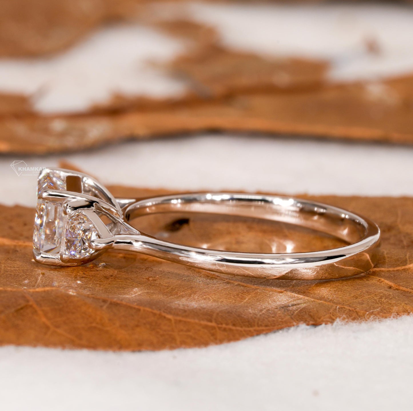 Trillion & Emerald East West Engagement Ring,Three Stone Lab grown Diamond Ring