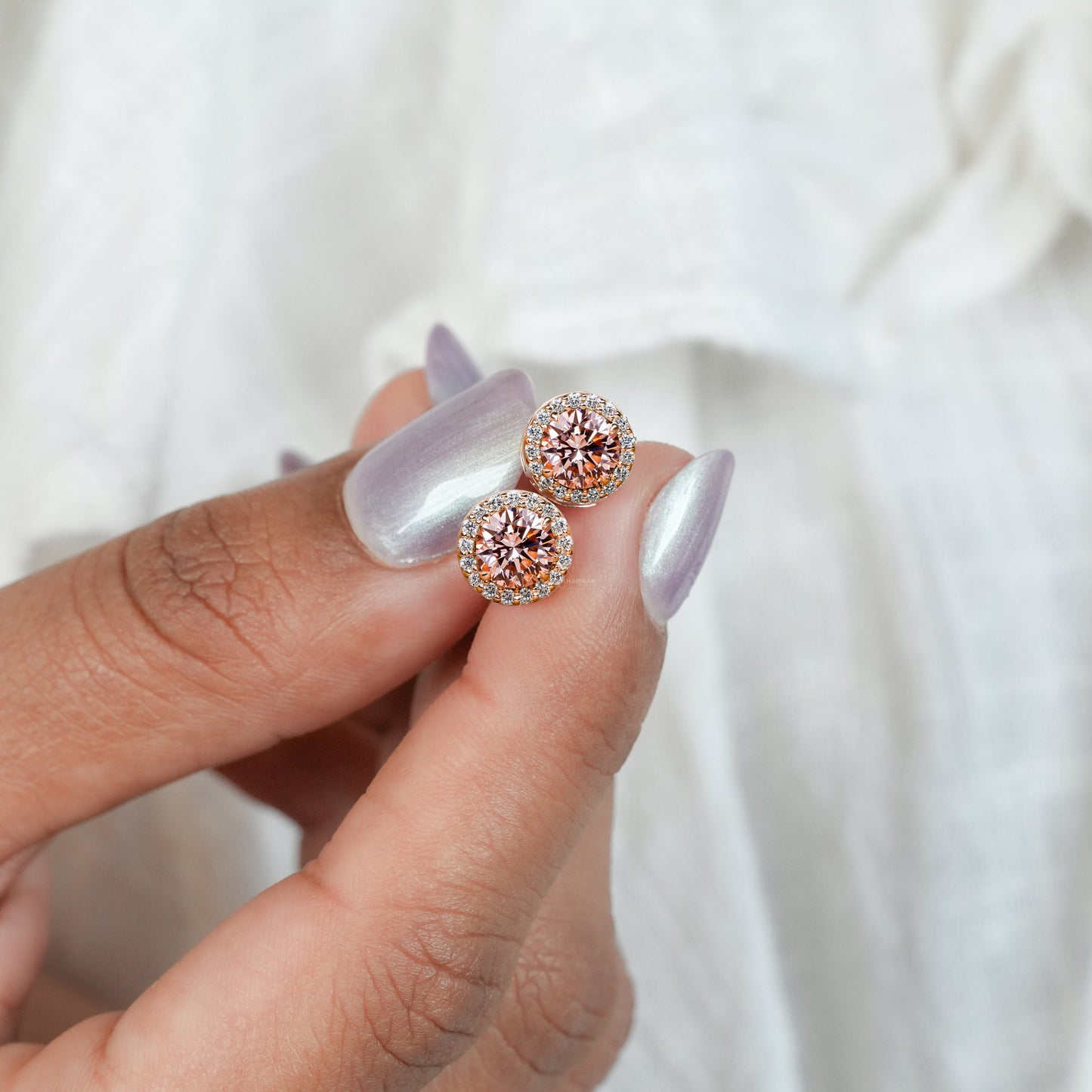 Pink Round Cut Lab Grown Diamond Stud Earrings,14K Rose Gold Hand Made Diamond Women's Earrings,2.00Ct Round Cut Diamond Halo Studs For Her