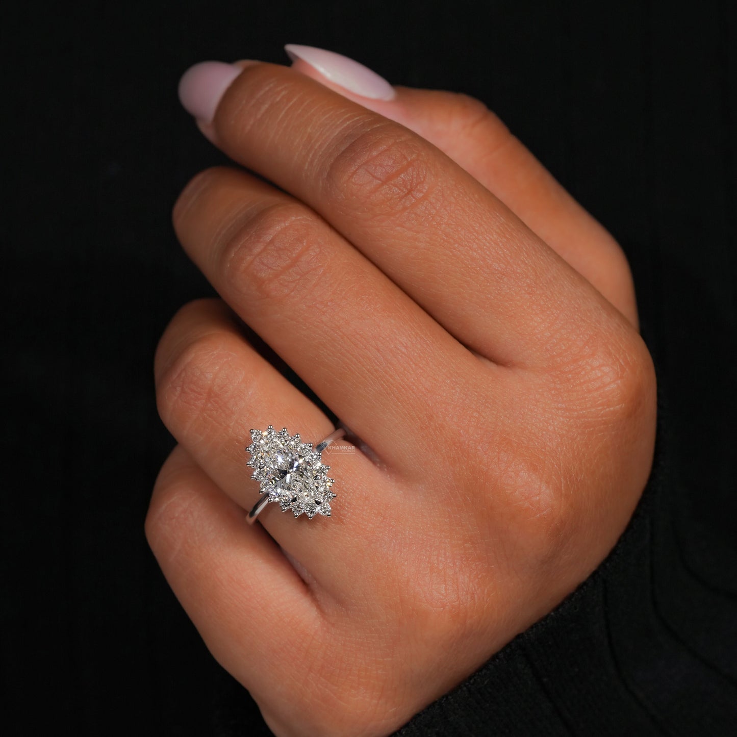 Marquise Lab Diamond Ring Cluster Halo Cathedral Setting