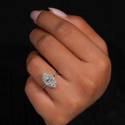 Marquise Lab Diamond Ring Cluster Halo Cathedral Setting
