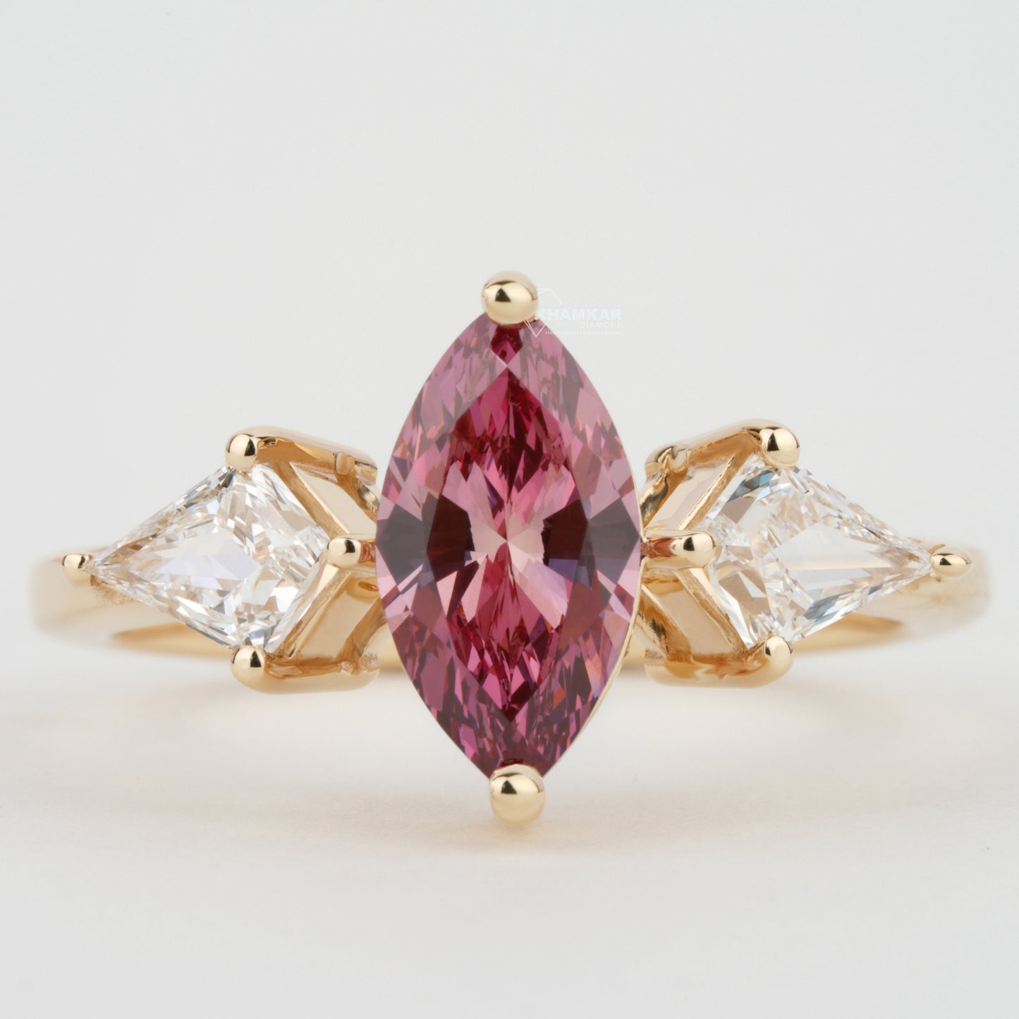Pink Marquise Cut Lab Grown Diamond Three Stone Engagement Ring