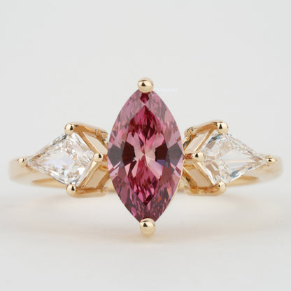 Pink Marquise Cut Lab Grown Diamond Three Stone Engagement Ring