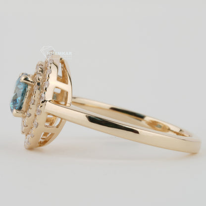 Blue Round Lab Grown Diamond Ring | Double Halo Engagement Ring