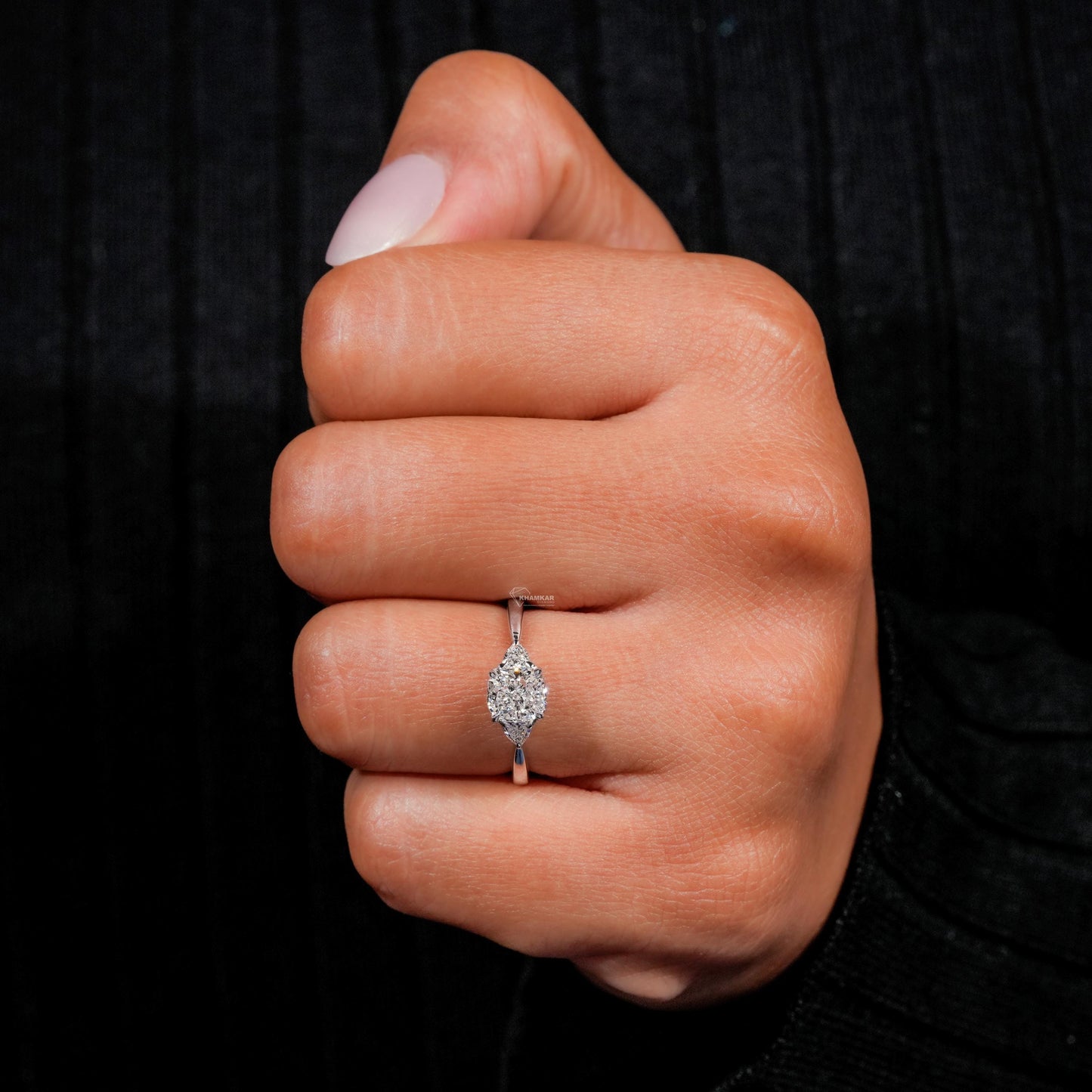 Cushion Cut Lab  Diamond Three Stone Engagement Ring with Trillion Side Diamonds