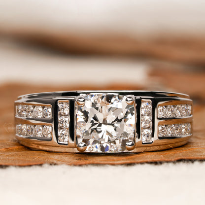 1.50 TCW Cushion Lab Diamond Men's Ring – 950 Platinum Engraved Band